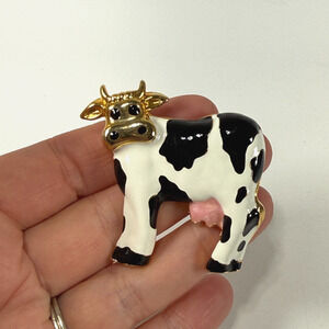 Vtg Holstein Cow Brooch Pin Enamel Black White Goldtone Pink Udders Cookie Lee